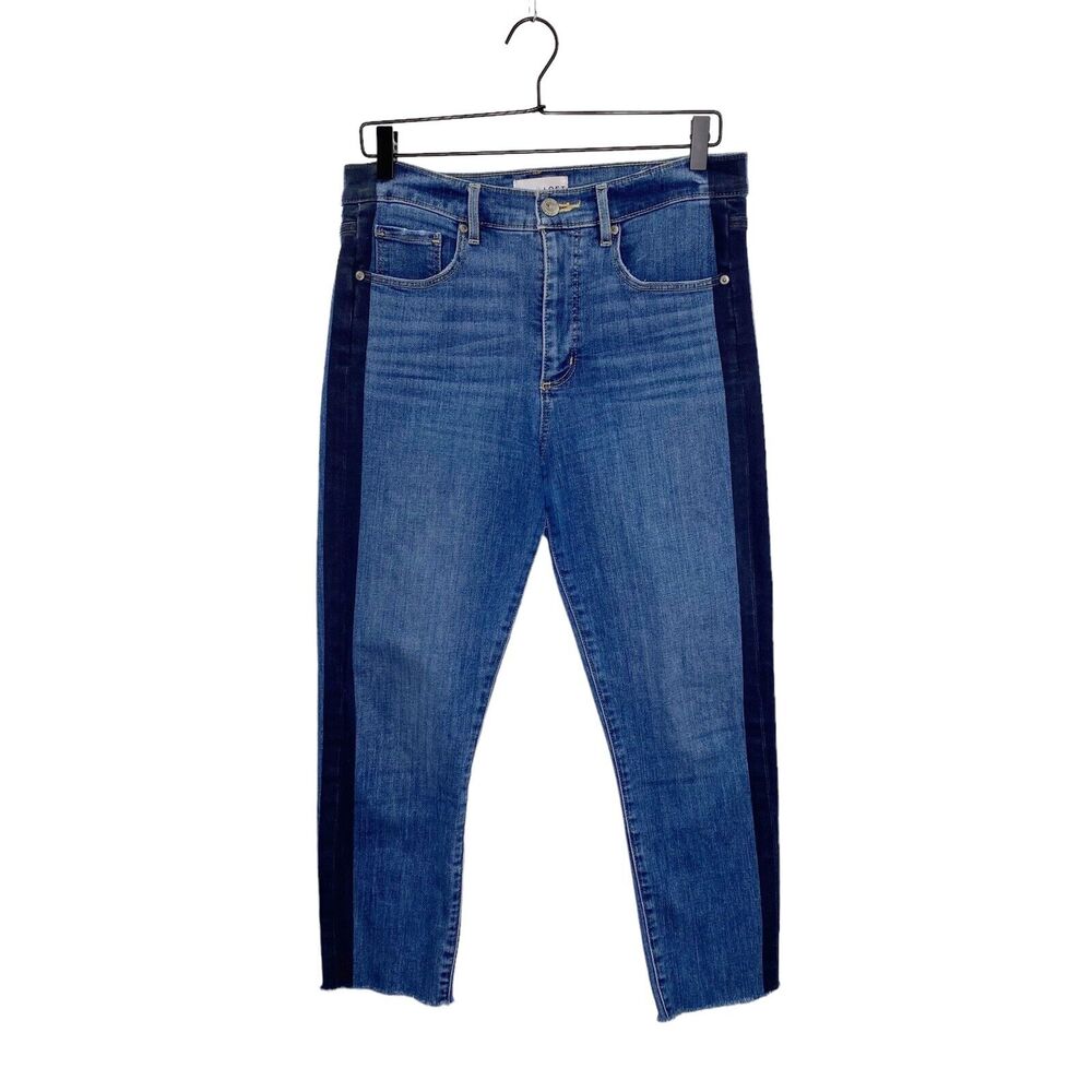 LOFT High Waist Skinny Jeans Womens Size‎ 8 Blue Raw Hem Cropped Stripe Denim